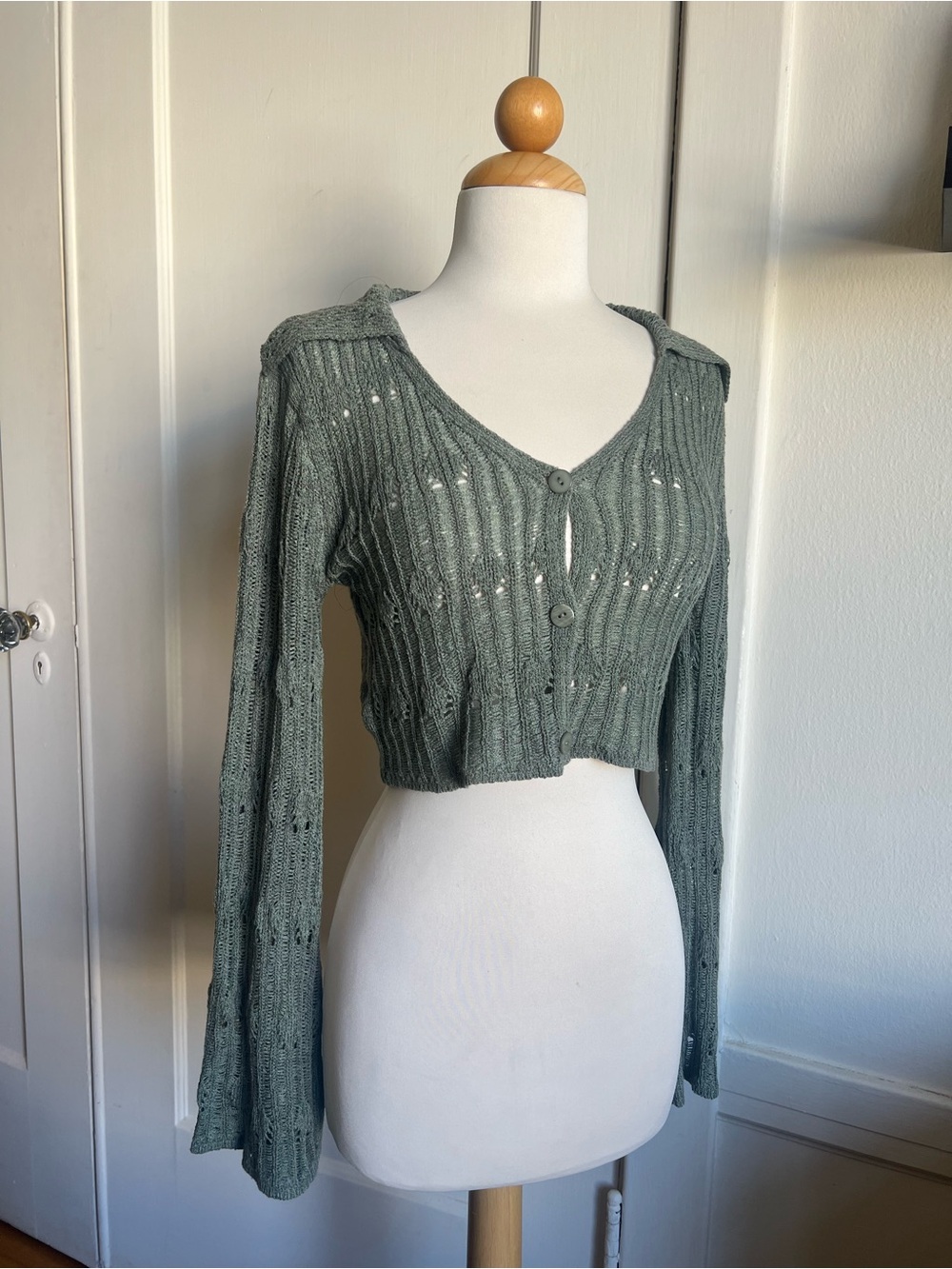 Cider whimsigoth Open-Knit Cropped Cardigan in Sage Green